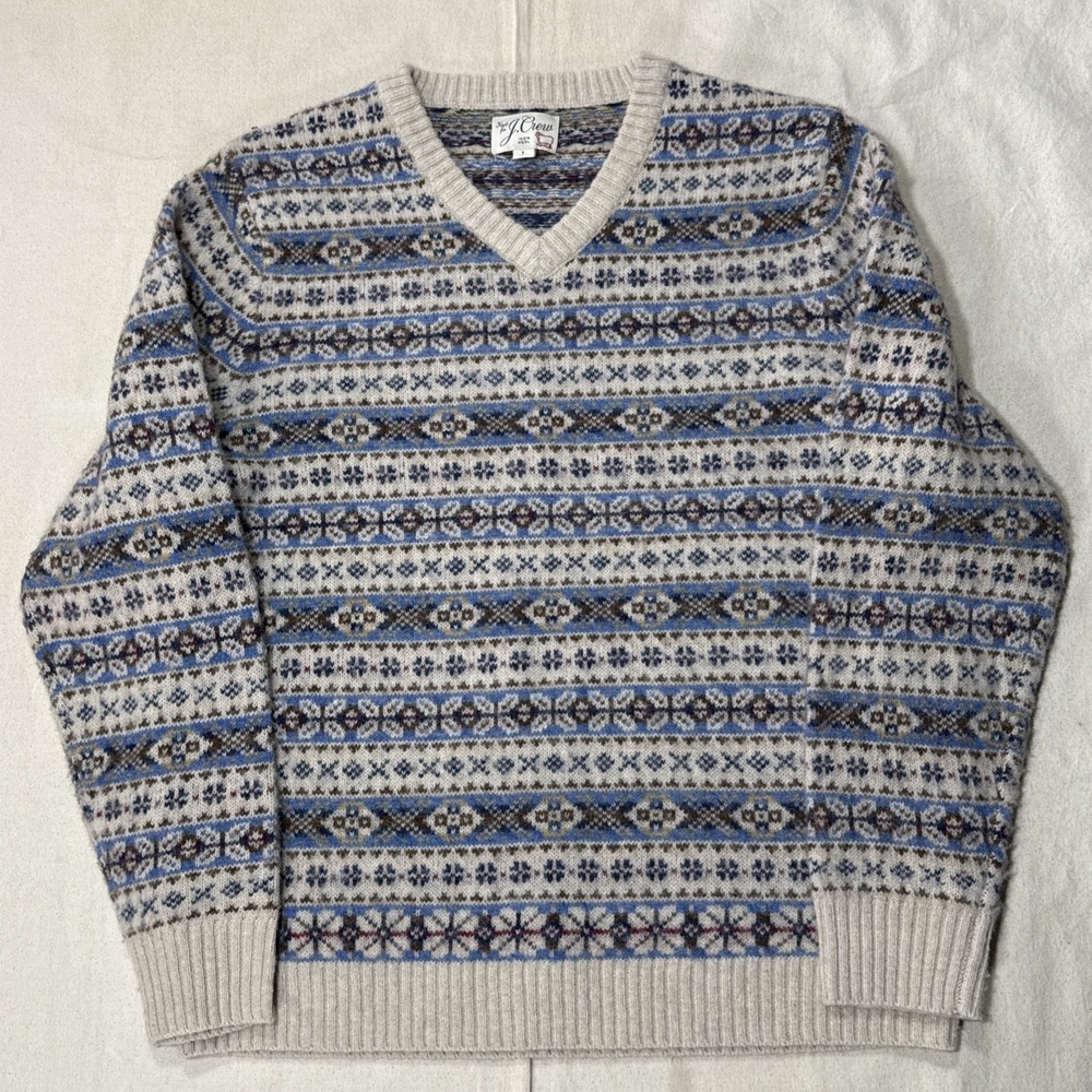 J Crew Sweater Mens XL Beige Multicolor Fair Isle Knit Nordic Lambswool Blend